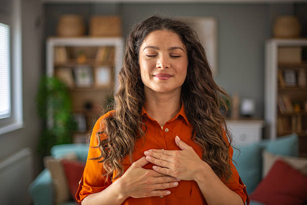 Calm breathing exercise in a quiet indoor space